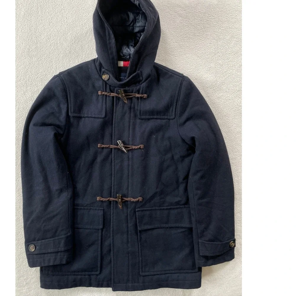 Tommy Hilfiger Duffle Coat Mens Small Navy Blue Wool Blend Toggle Hooded Jacket